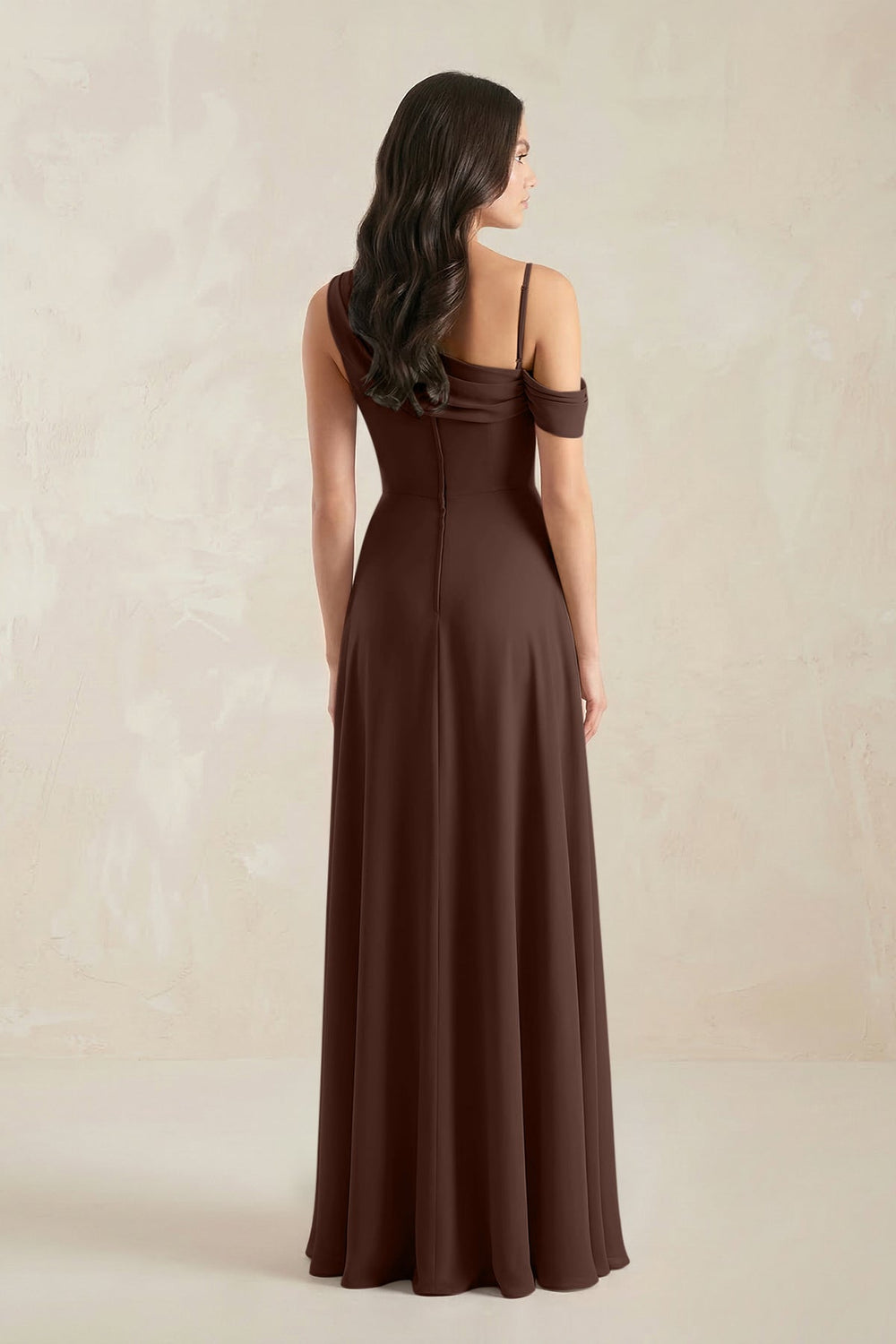 One-Shoulder Chiffon A-Line Bridesmaid Dress in Espresso - KISS BRIDAL BRIDESMAID DRESSES