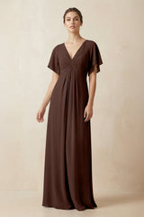 Short Sleeve V-Neck Chiffon A-Line Bridesmaid Dress in Espresso - KISS BRIDAL BRIDESMAID DRESSES