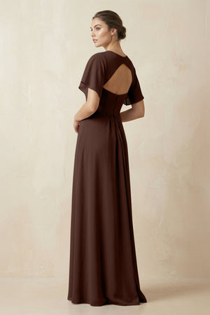 Short Sleeve V-Neck Chiffon A-Line Bridesmaid Dress in Espresso - SHE IS ME BRIDESMAID DRESSES