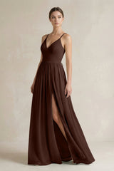 A-Line Spaghetti Strap Chiffon Bridesmaid Dress in Espresso - KISS BRIDAL BRIDESMAID DRESSES