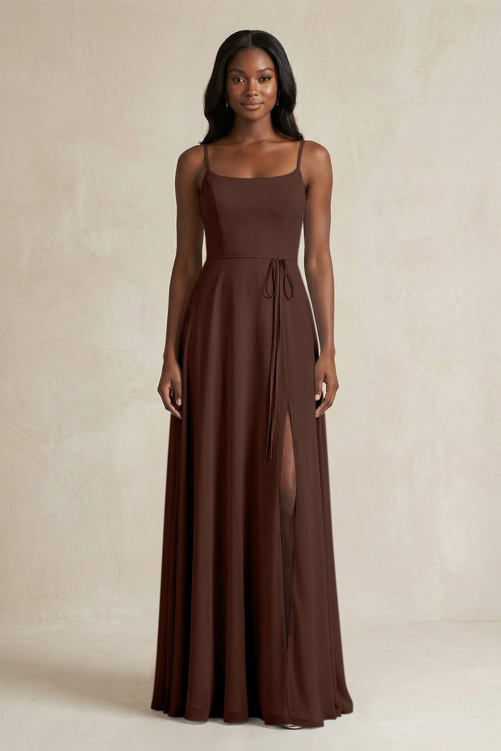 A-Line Spaghetti Straps Chiffon Bridesmaid Dress in Espresso - KISS BRIDAL BRIDESMAID DRESSES
