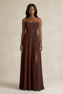A-Line Spaghetti Straps Chiffon Bridesmaid Dress in Espresso - SHE IS ME BRIDESMAID DRESSES