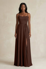 A-Line Spaghetti Straps Chiffon Bridesmaid Dress in Espresso - KISS BRIDAL BRIDESMAID DRESSES