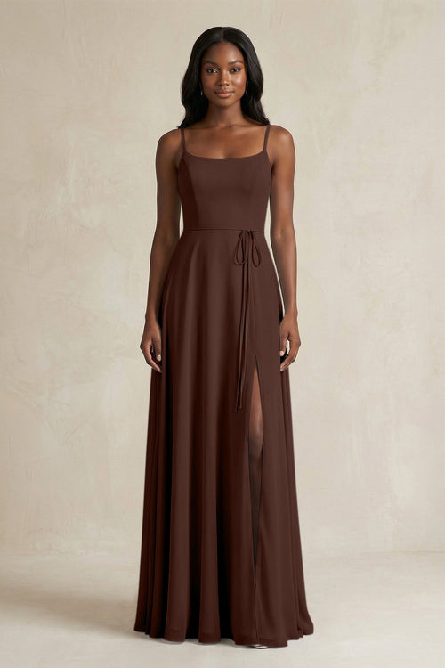 A-Line Spaghetti Straps Chiffon Bridesmaid Dress in Espresso - SHE IS ME BRIDESMAID DRESSES