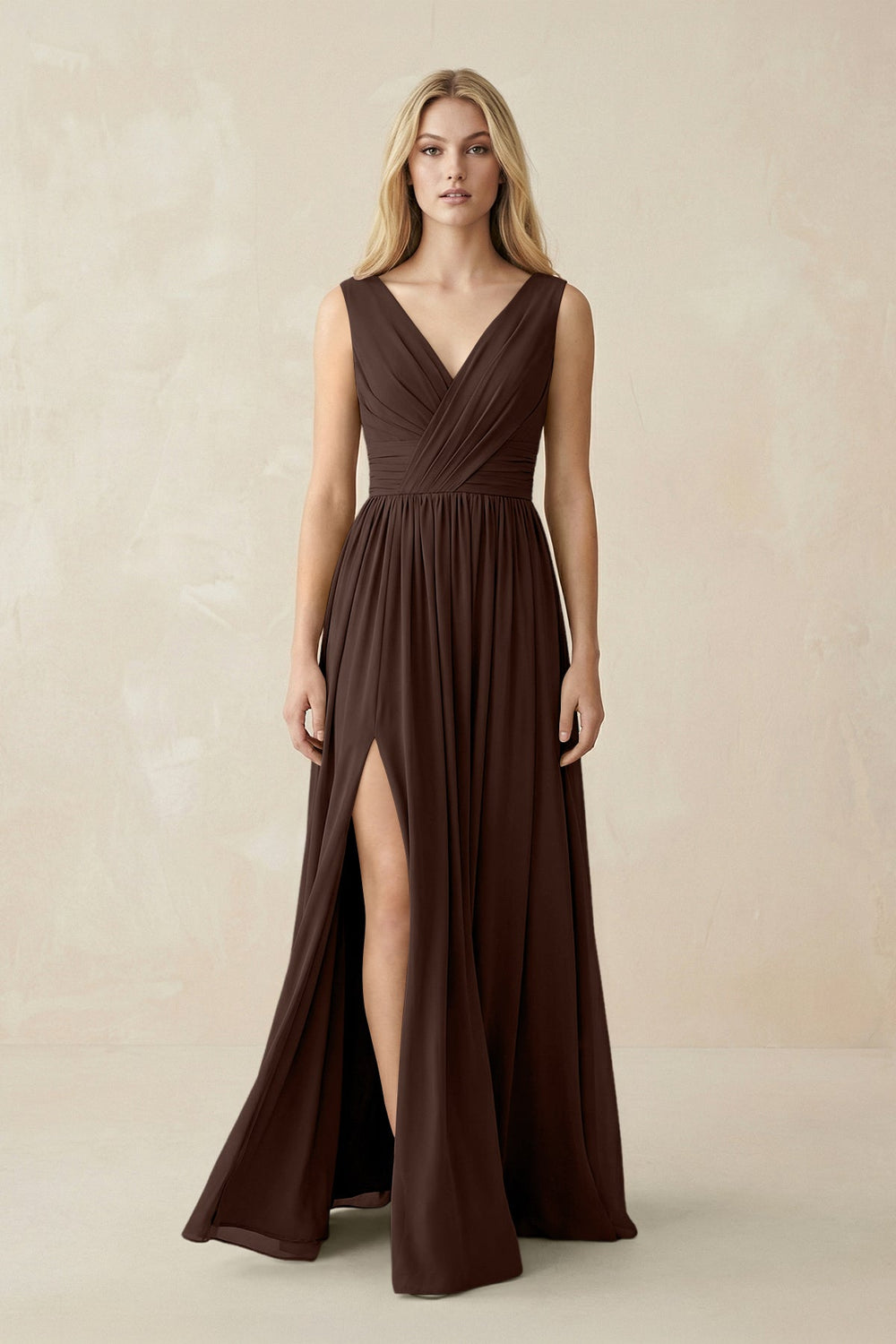 V-Neck Chiffon Pleated A-Line Bridesmaid Dress in Espresso - KISS BRIDAL BRIDESMAID DRESSES