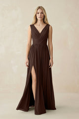 V-Neck Chiffon Pleated A-Line Bridesmaid Dress in Espresso - KISS BRIDAL BRIDESMAID DRESSES