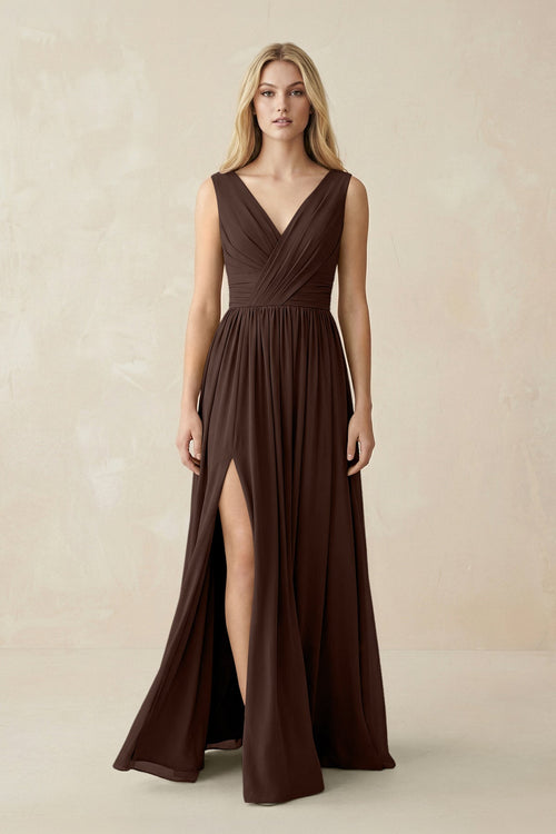 V-Neck Chiffon Pleated A-Line Bridesmaid Dress in Espresso - SHE IS ME BRIDESMAID DRESSES