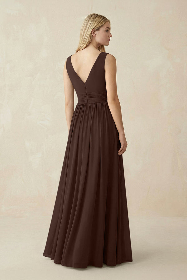 V-Neck Chiffon Pleated A-Line Bridesmaid Dress in Espresso - SHE IS ME BRIDESMAID DRESSES