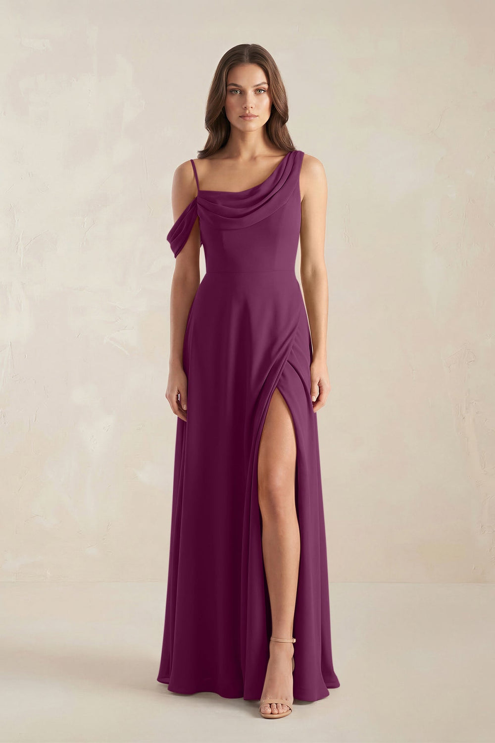 One-Shoulder Chiffon A-Line Bridesmaid Dress in Fig - KISS BRIDAL BRIDESMAID DRESSES