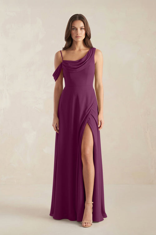 One-Shoulder Chiffon A-Line Bridesmaid Dress in Fig - SHE IS ME BRIDESMAID DRESSES