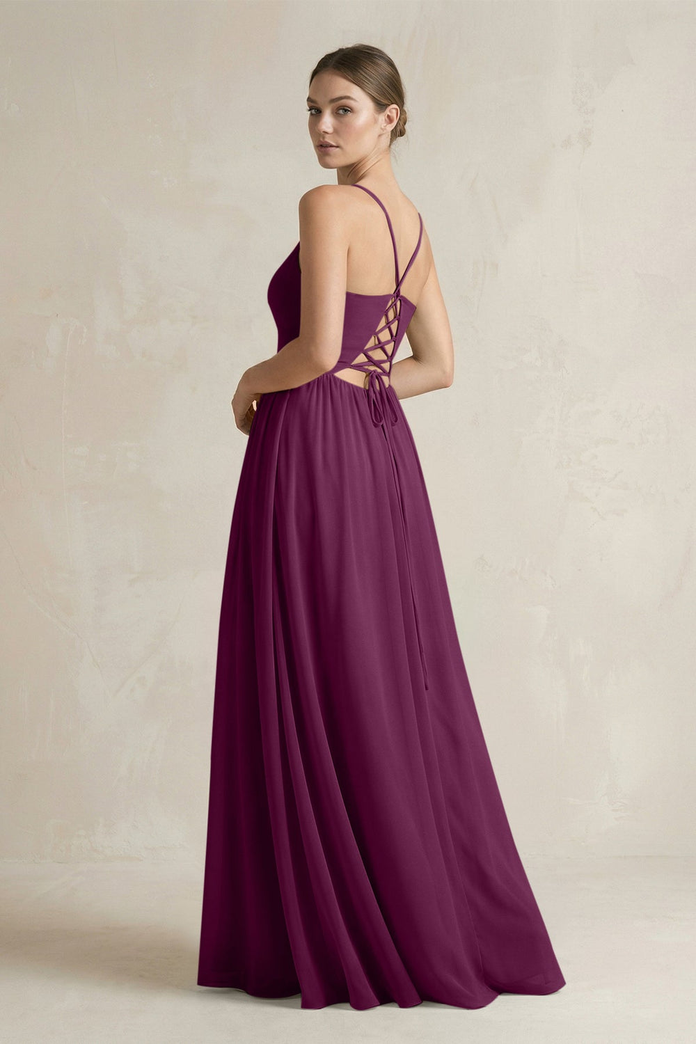 A-Line Spaghetti Strap Chiffon Bridesmaid Dress in Fig - SHE IS ME BRIDESMAID DRESSES