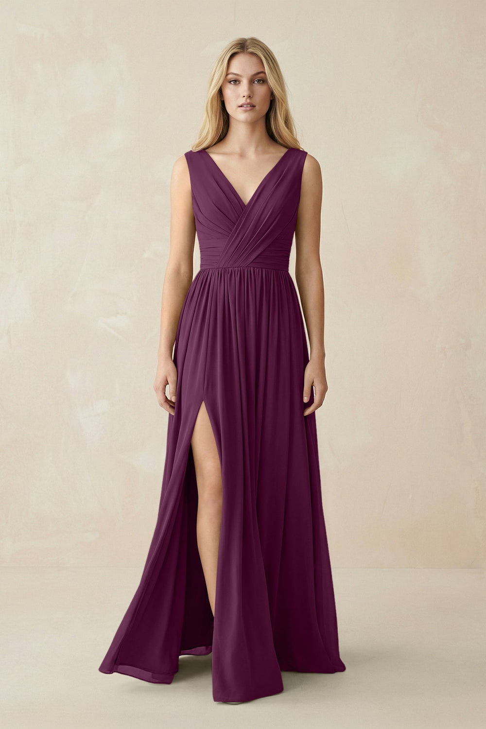 V-Neck Chiffon Pleated A-Line Bridesmaid Dress in Fig - KISS BRIDAL BRIDESMAID DRESSES