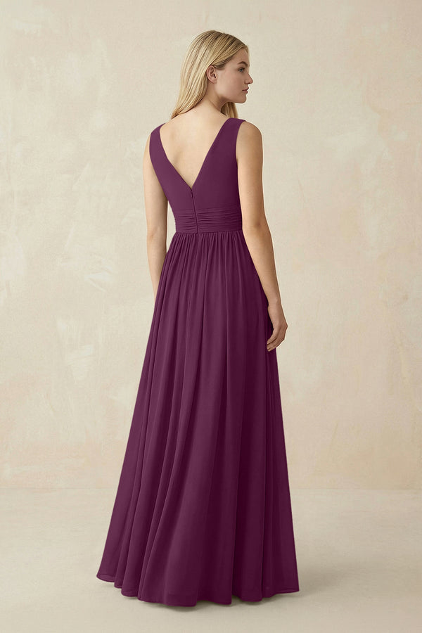 V-Neck Chiffon Pleated A-Line Bridesmaid Dress in Fig - SHE IS ME BRIDESMAID DRESSES