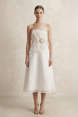Chiffon Flower Strapless A - Line Midi Wedding Dress in Ivory - KISS BRIDAL Wedding Dresses
