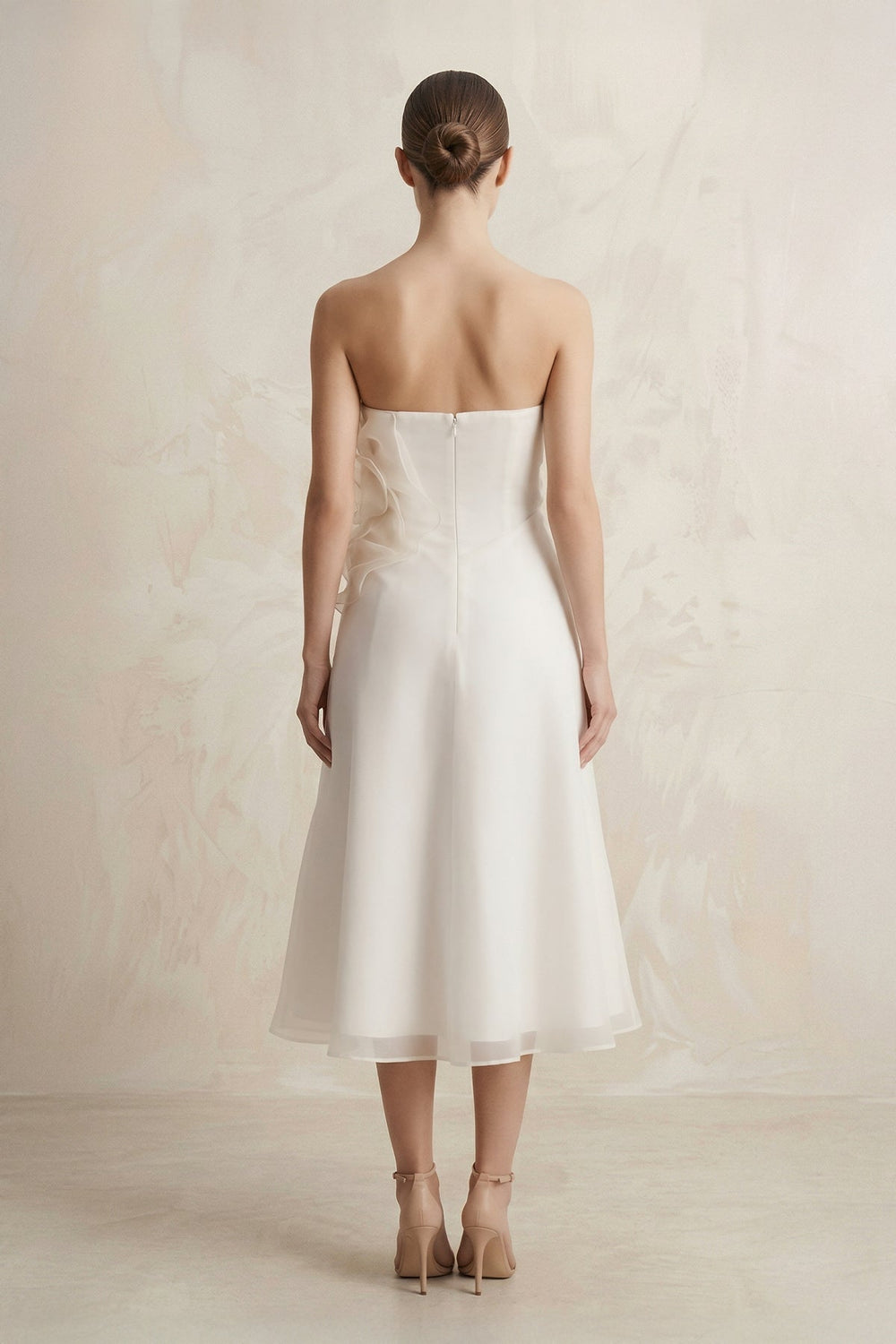 Chiffon Flower Strapless A - Line Midi Wedding Dress in Ivory - KISS BRIDAL Wedding Dresses