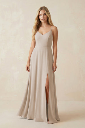 Cami Strap A-Line Chiffon Bridesmaid Dress with Slit in Frost - SHE IS ME BRIDESMAID DRESSES