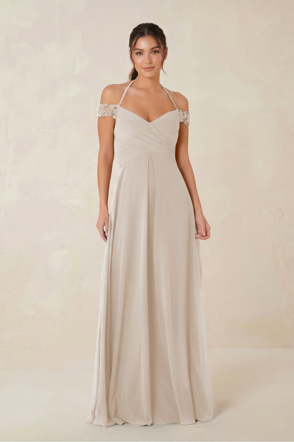 A-Line Off-the-Shoulder Chiffon Bridesmaid Dress in Frost - KISS BRIDAL BRIDESMAID DRESSES