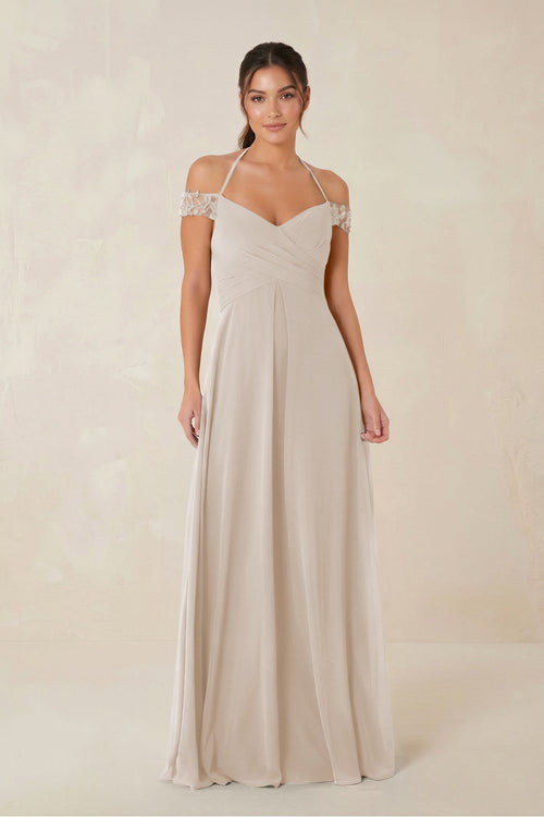 A-Line Off-the-Shoulder Chiffon Bridesmaid Dress in Frost - KISS BRIDAL BRIDESMAID DRESSES
