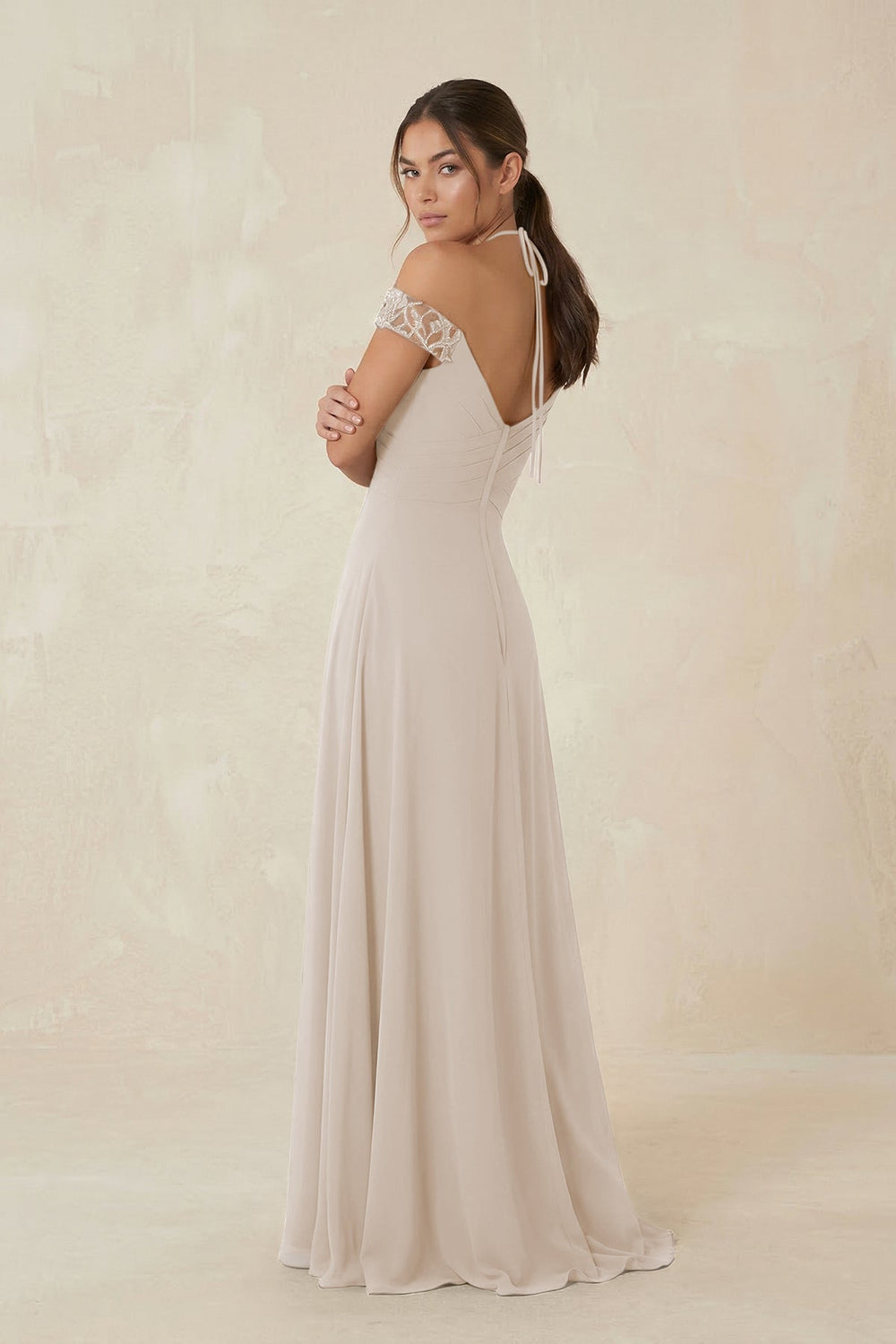 A-Line Off-the-Shoulder Chiffon Bridesmaid Dress in Frost - KISS BRIDAL BRIDESMAID DRESSES