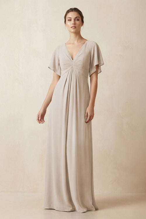 Short Sleeve V-Neck Chiffon A-Line Bridesmaid Dress in Frost - SHE IS ME BRIDESMAID DRESSES