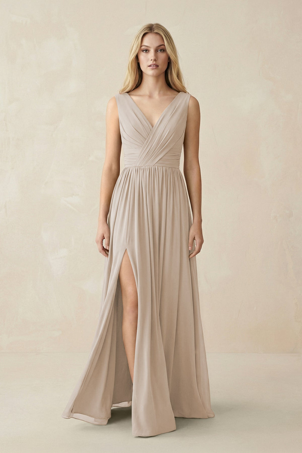 V-Neck Chiffon Pleated A-Line Bridesmaid Dress in Frost - KISS BRIDAL BRIDESMAID DRESSES