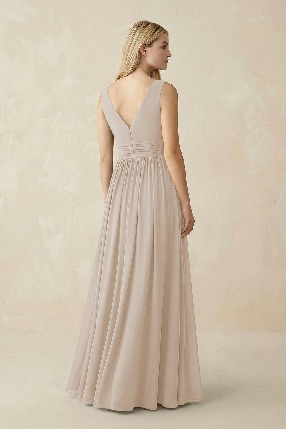 V-Neck Chiffon Pleated A-Line Bridesmaid Dress in Frost - KISS BRIDAL BRIDESMAID DRESSES