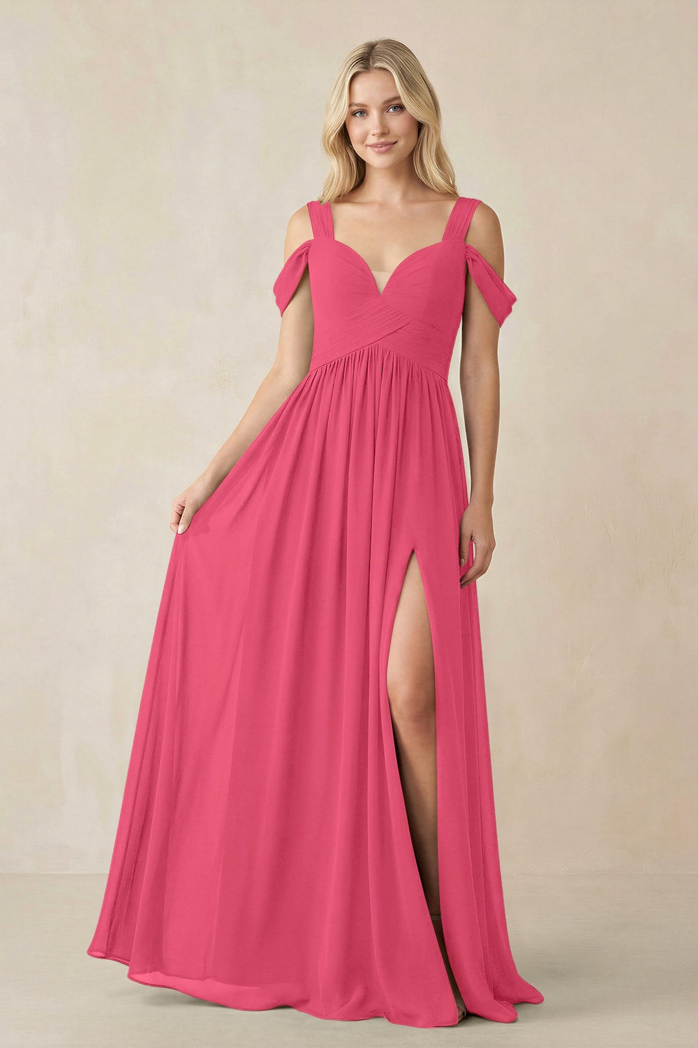 Chiffon A-Line Bridesmaid Dress with Slit  in Fuchsia - KISS BRIDAL BRIDESMAID DRESSES