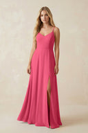 Cami Strap A-Line Chiffon Bridesmaid Dress with Slit in Fuchsia - SHE IS ME BRIDESMAID DRESSES