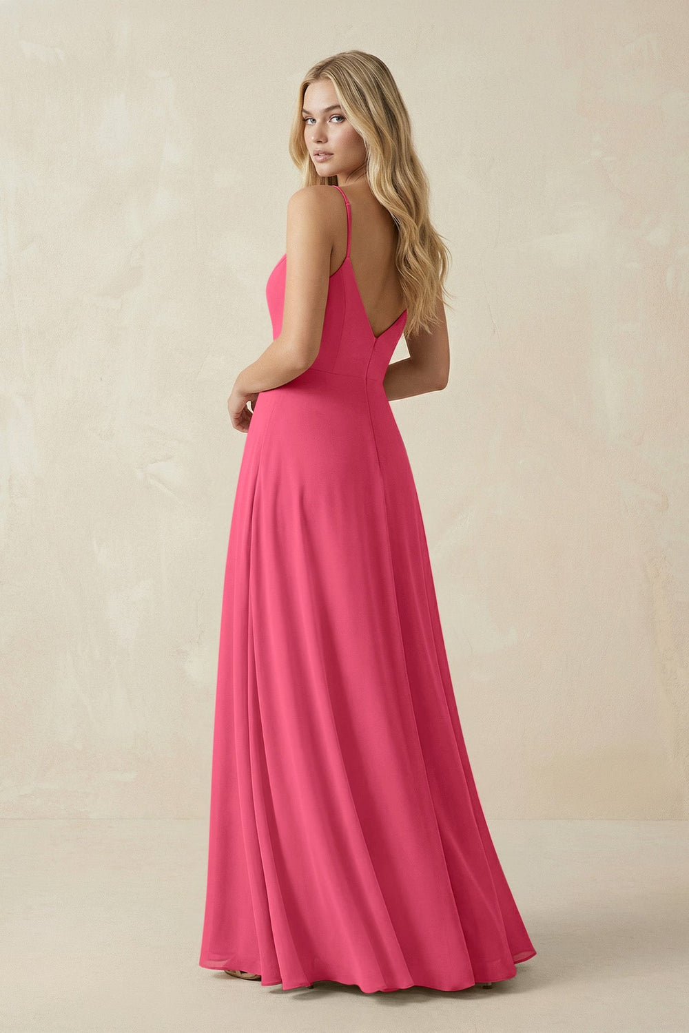 Cami Strap A-Line Chiffon Bridesmaid Dress with Slit in Fuchsia - KISS BRIDAL BRIDESMAID DRESSES
