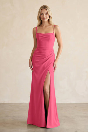 Cami Strap Chiffon Sheath Bridesmaid Dress with Slit in Fuchsia - SHE IS ME BRIDESMAID DRESSES