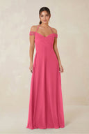 A-Line Off-the-Shoulder Chiffon Bridesmaid Dress in Fuchsia - KISS BRIDAL BRIDESMAID DRESSES