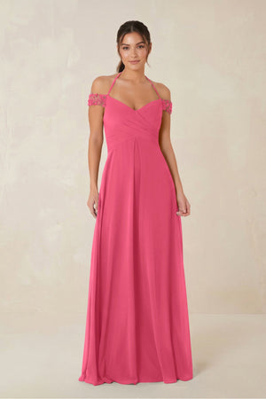 A-Line Off-the-Shoulder Chiffon Bridesmaid Dress in Fuchsia - KISS BRIDAL BRIDESMAID DRESSES