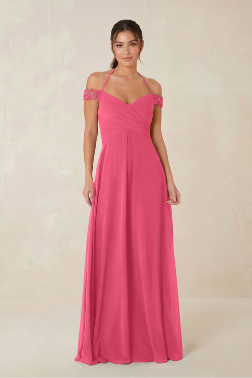 A-Line Off-the-Shoulder Chiffon Bridesmaid Dress in Fuchsia - KISS BRIDAL BRIDESMAID DRESSES