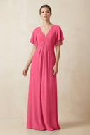 Short Sleeve V-Neck Chiffon A-Line Bridesmaid Dress in Fuchsia - SHE IS ME BRIDESMAID DRESSES