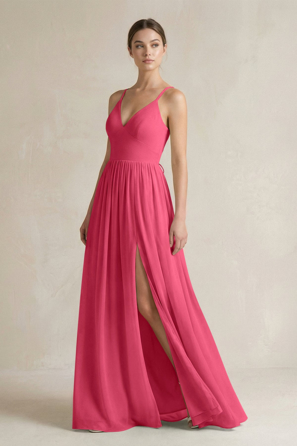 A-Line Spaghetti Strap Chiffon Bridesmaid Dress in Fuchsia - SHE IS ME BRIDESMAID DRESSES