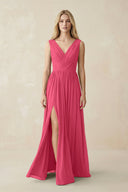 V-Neck Chiffon Pleated A-Line Bridesmaid Dress in Fuchsia - SHE IS ME BRIDESMAID DRESSES
