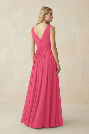 V-Neck Chiffon Pleated A-Line Bridesmaid Dress in Fuchsia - SHE IS ME BRIDESMAID DRESSES