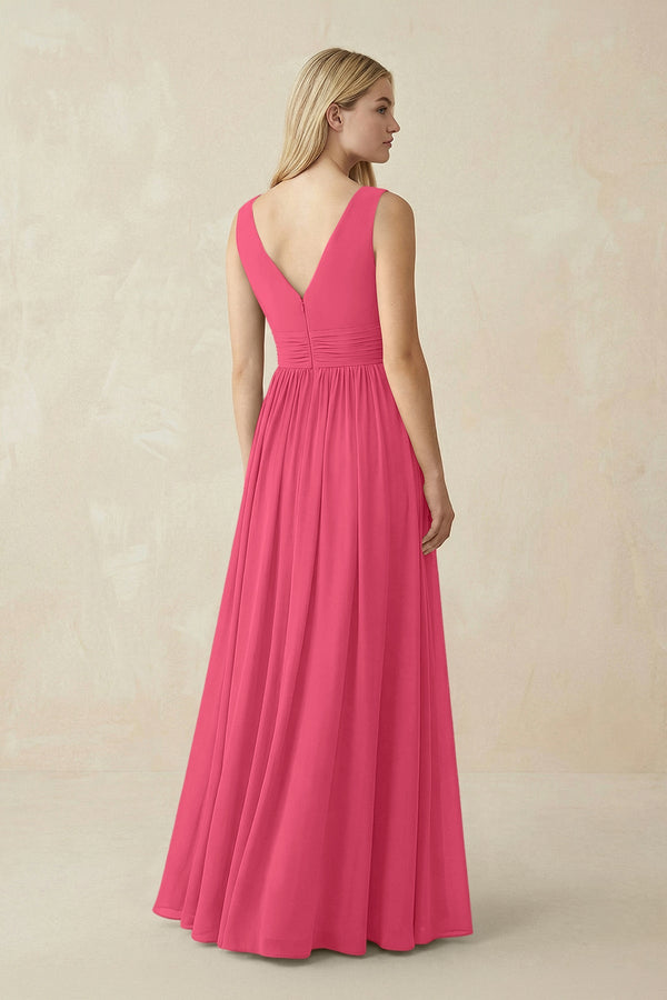 V-Neck Chiffon Pleated A-Line Bridesmaid Dress in Fuchsia - SHE IS ME BRIDESMAID DRESSES
