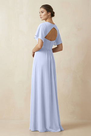 Short Sleeve V-Neck Chiffon A-Line Bridesmaid Dress in Ice - SHE IS ME BRIDESMAID DRESSES