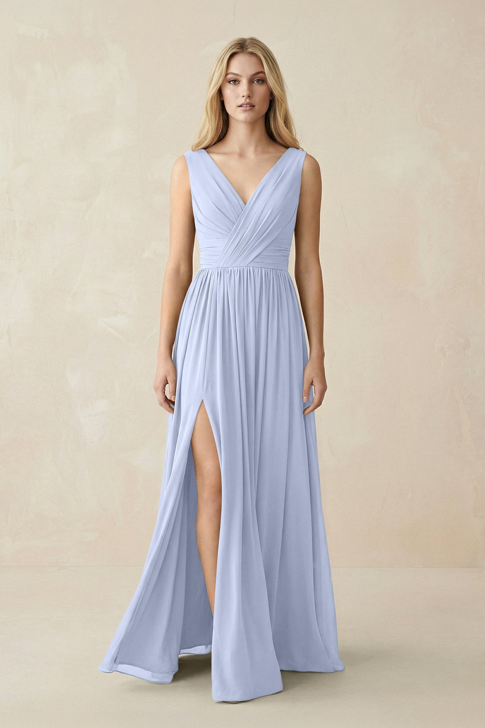 V-Neck Chiffon Pleated A-Line Bridesmaid Dress in Ice - KISS BRIDAL BRIDESMAID DRESSES
