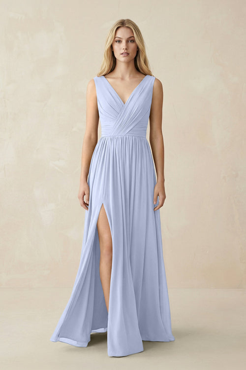 V-Neck Chiffon Pleated A-Line Bridesmaid Dress in Ice - SHE IS ME BRIDESMAID DRESSES