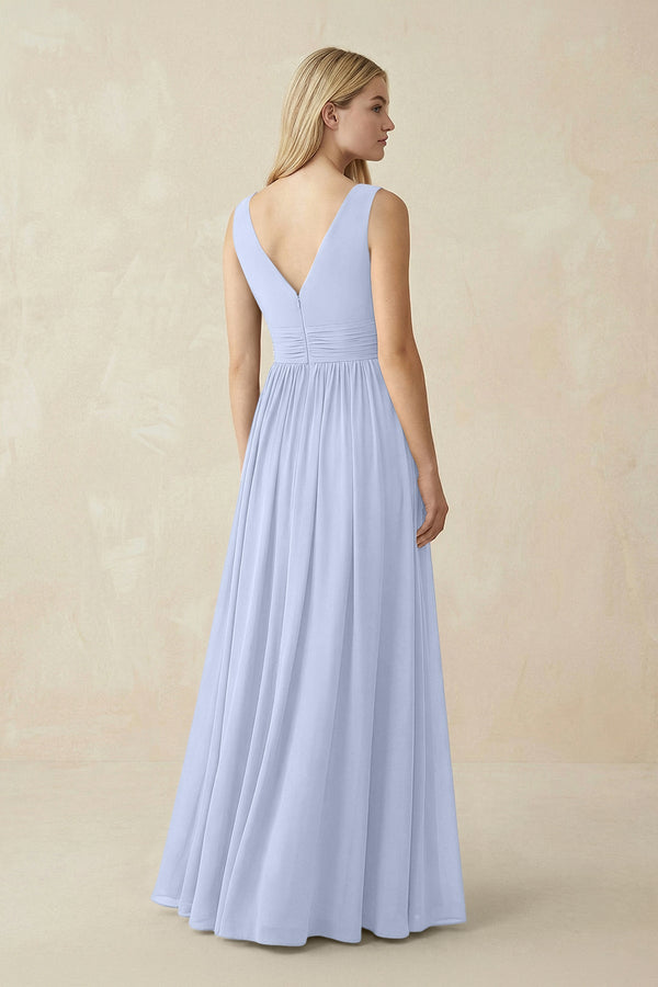 V-Neck Chiffon Pleated A-Line Bridesmaid Dress in Ice - SHE IS ME BRIDESMAID DRESSES