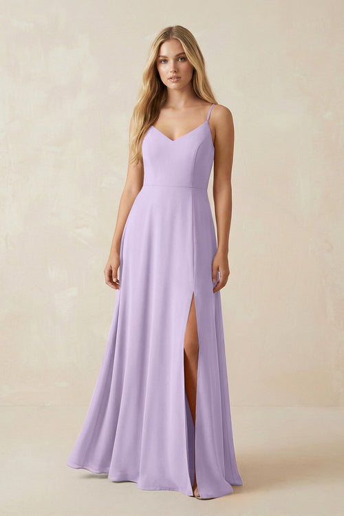 Cami Strap A-Line Chiffon Bridesmaid Dress with Slit in Lavender - SHE IS ME BRIDESMAID DRESSES
