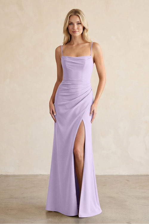 Cami Strap Chiffon Sheath Bridesmaid Dress with Slit in Lavender - SHE IS ME BRIDESMAID DRESSES