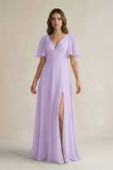 Flutter Sleeve V-Neck A-Line Chiffon Bridesmaid Dress in Lavender