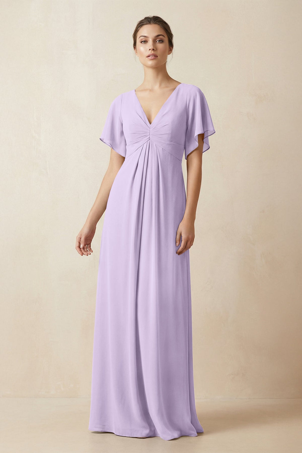 Short Sleeve V-Neck Chiffon A-Line Bridesmaid Dress in Lavender - KISS BRIDAL BRIDESMAID DRESSES