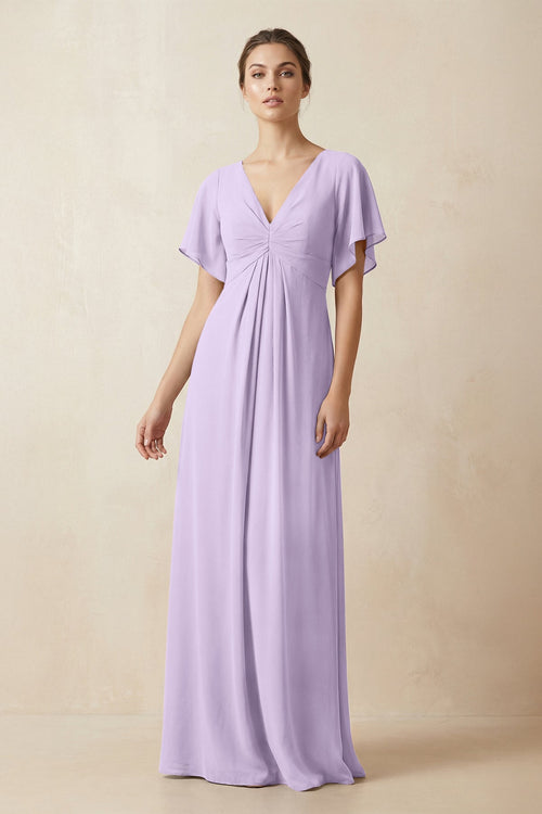 Short Sleeve V-Neck Chiffon A-Line Bridesmaid Dress in Lavender - SHE IS ME BRIDESMAID DRESSES