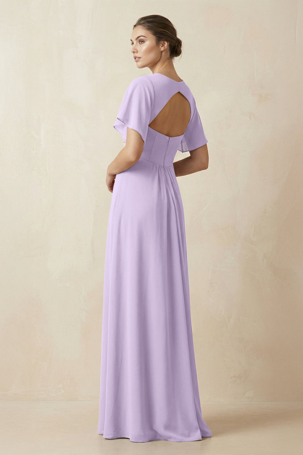 Short Sleeve V-Neck Chiffon A-Line Bridesmaid Dress in Lavender - KISS BRIDAL BRIDESMAID DRESSES