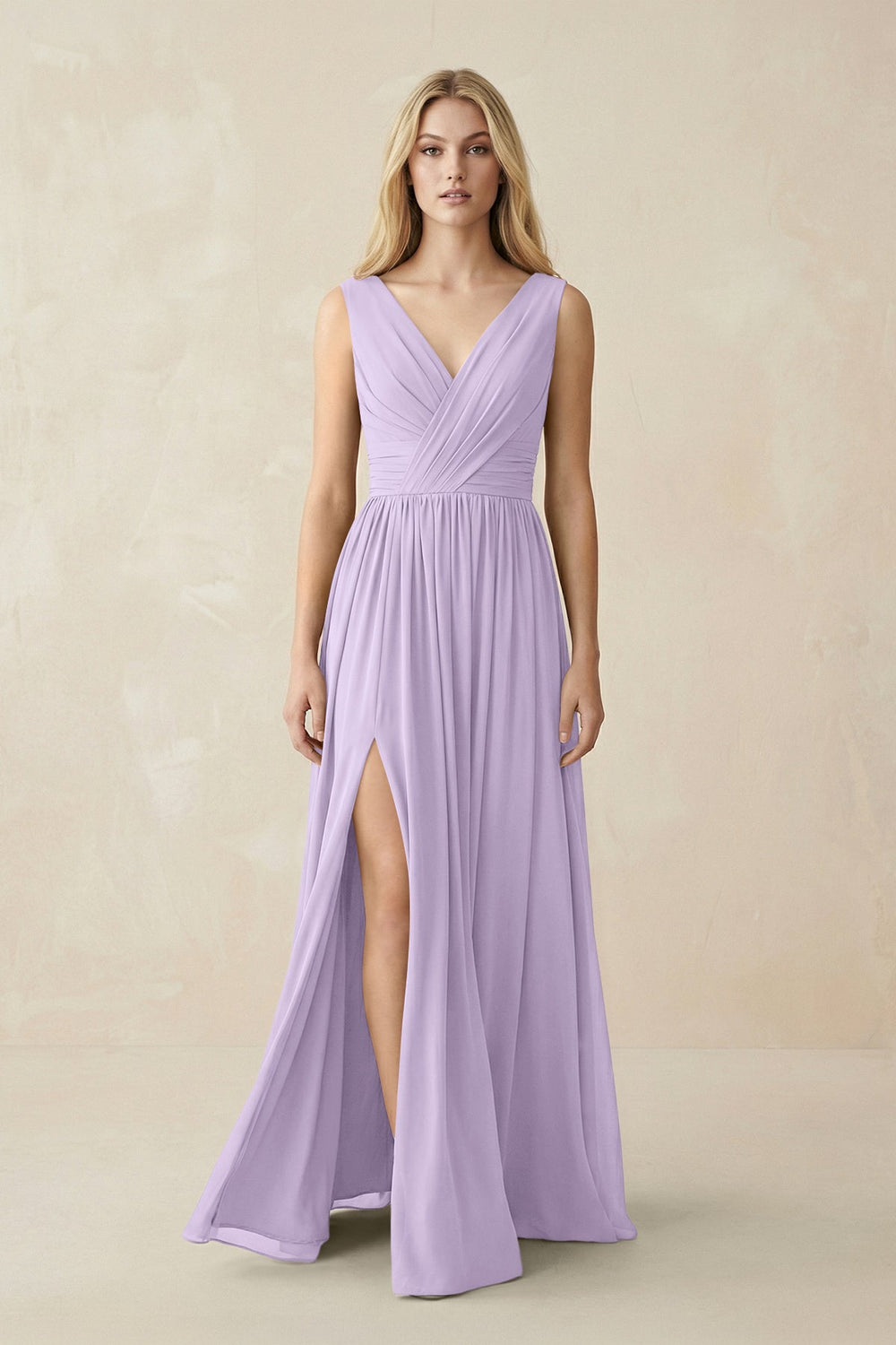 V-Neck Chiffon Pleated A-Line Bridesmaid Dress in Lavender - KISS BRIDAL BRIDESMAID DRESSES