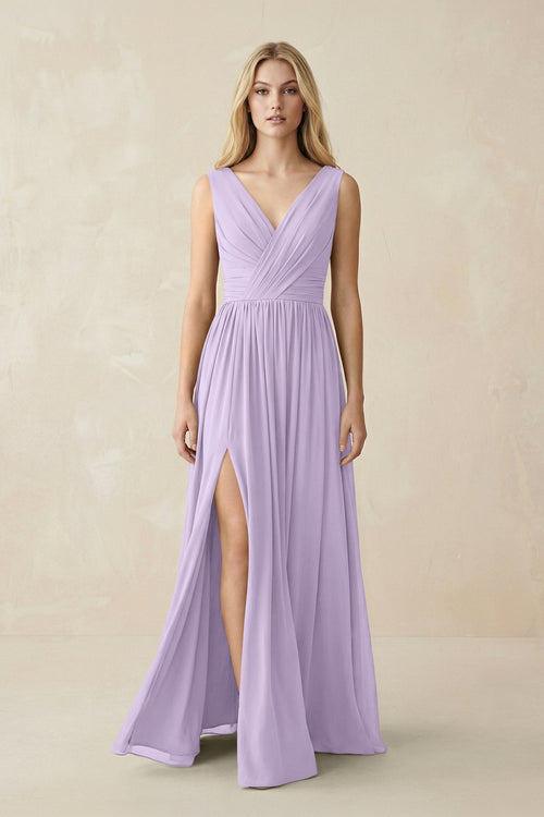 V-Neck Chiffon Pleated A-Line Bridesmaid Dress in Lavender - SHE IS ME BRIDESMAID DRESSES